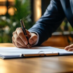 Poster - Man in suit signing document with fountain pen, illustrating business agreement and professional work atmosphere