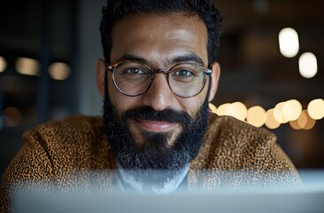 A businessman with a laptop is smiling while working on an email, communication, or online coding, and a happy male programmer is typing on a computer for web or software development in an office