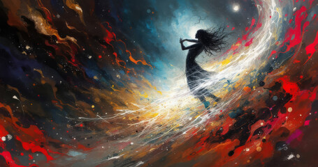 Wall Mural - silhouette of woman dancing in an abstract colorful cosmic space