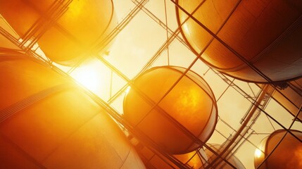 Poster - Massive industrial gas storage tanks silhouetted against a warm orange sunset sky. Generative AI