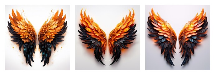 Poster - A collection of three isolated pairs of wings. Each wing set features vibrant orange and black feathers against a clean white backdrop.