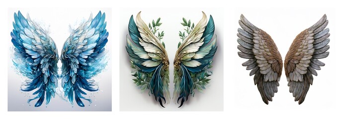 Poster - Isolated collection of three pairs of wings in varied styles. Blue, green, and brown feathered wings are presented on white backgrounds.