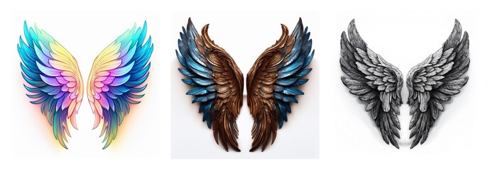 Poster - Isolated collection of three pairs of wings, each with a different color palette, presented on a white background. Diverse wing styles for design elements.