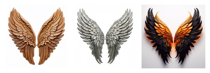 Poster - Isolated collection of three pairs of wings in different colors and styles. Feathered, detailed, and presented on a white background.