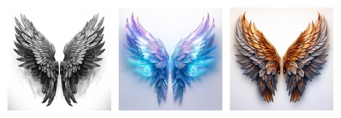 Poster - Isolated collection of three pairs of wings. Different styles of feathered wings in monochrome, blue-purple, and gold-brown colors, all isolated on white backgrounds.