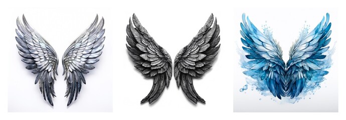 Poster - A diverse collection of three pairs of wings, each isolated against a white backdrop. The set features silver, black, and blue watercolor wings, showcasing different artistic styles.