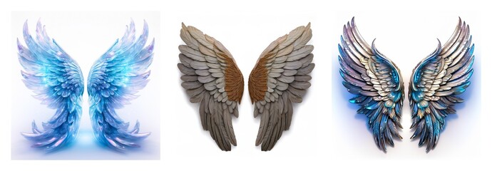 Poster - A collection of three pairs of wings, isolated on a white background. Each pair displays a unique style and color, showcasing variety in wing designs.