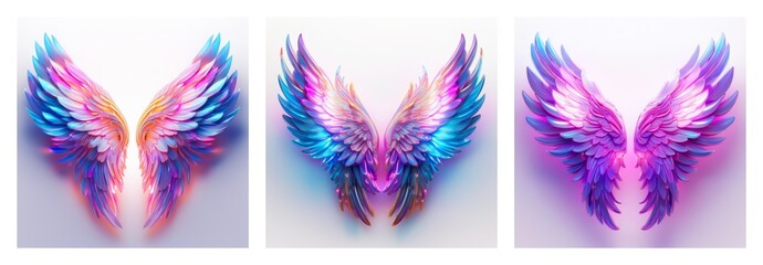 Poster - A collection of three isolated, decorative wings in varied colors. Each pair of feathered wings is presented on a white background, showcasing a vibrant and ethereal aesthetic.