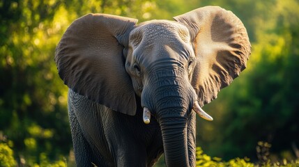Poster - Majestic elephant standing amidst lush greenery during late afternoon light in the wild. Generative AI
