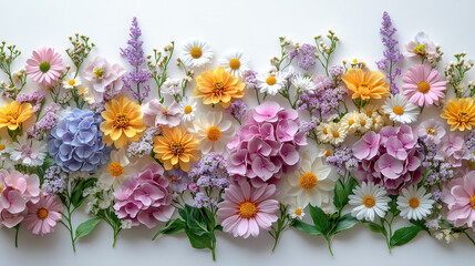 Wall Mural - Colorful floral arrangement with various flowers, including daisies, hydrangeas, and lavender, creating vibrant and cheerful display