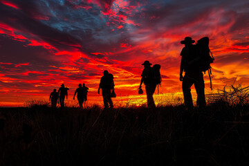 Wall Mural - group of people are walking in a field at sunset
