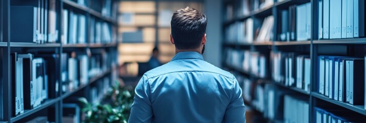 Aufkleber - Man stands in library looking at bookshelves during office hours in modern workspace. Generative AI