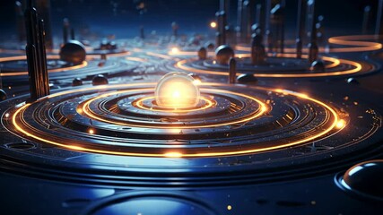 Wall Mural - futuristic digital landscape with glowing sphere and abstract shapes