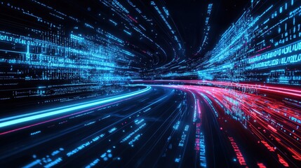 Wall Mural - abstract digital landscape showcasing vibrant blue and red data streams and glowing lines representi