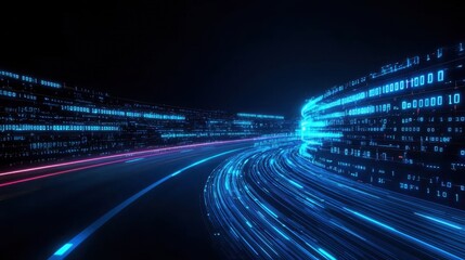 Wall Mural - futuristic data stream visualization with binary code and light trails in a dark environment for dig