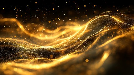 Poster - Glowing golden particles flow abstractly, on black background, for background or wallpaper use