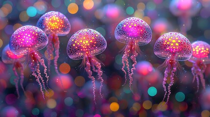 Poster - Glowing jellyfish swim, colorful bokeh background, underwater scene, vibrant fantasy art