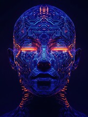 Leinwandbilder - Silhouette of a human head with intricate circuit board pattern and glowing neon lines showcasing futuristic AI design. Generative AI