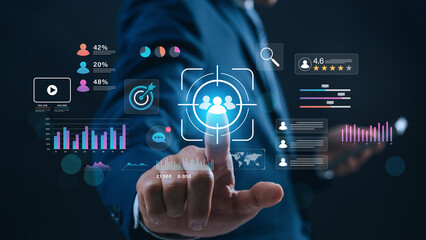 digital marketing strategy and audience targeting concept. businessman interacts with data analytics