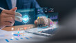 © IDOL'foto - Digital marketing and audience customer targeting insight concept. businessman analyzing social media strategy, online advertising, customer engagement, and conversion rates