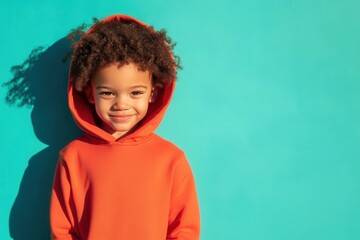 child in a vibrant red hoodie against a teal backdrop soft sunlight casting playful shadows casual style cheerful mood dynamic composition