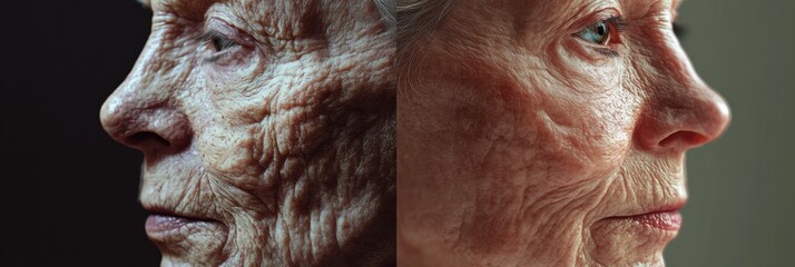 Aufkleber - Transformation reflected through time showcasing aged face versus youthful appearance in a split comparison. Generative AI