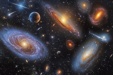 Wall Mural - cosmic dreamscape with spiral galaxies, shooting stars, and nebula clouds in deep purples and blues, ethereal space vista with floating celestial bodies
