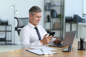 Wall Mural - Businessman with smartphone working on laptop at table in office