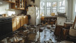 © Nari - Flood in broken kitchen house room vector cartoon background. Pipe leak insurance problem in abandoned messy home. Leakage disaster damage on day scene with nobody and sewage on apartment floor.
