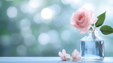 Wall Mural - Vase with a pink rose in it sits on a table