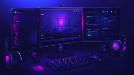 Overlay panels for live game stream and glossy buttons. Webcam video app interface design. Vector cartoon set of digital streaming displays for show gaming process