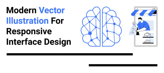 Neural network concept with nodes and connections next to mobile shopping app interface and user actions. Ideal for AI innovation, e-commerce, tech solutions, learning, creativity, marketing, flat