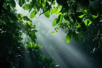 dense jungle canopy with vibrant emerald leaves and soft mist sunlight piercing through offering a lush untamed backdrop