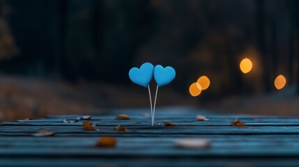 Poster - Two blue hearts are on a wooden bridge