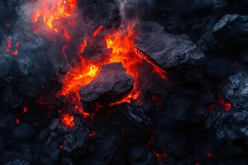 descent into a fiery abyss with jagged crimson rocks swirling smoke eerie glowing embers surreal underworld intensity