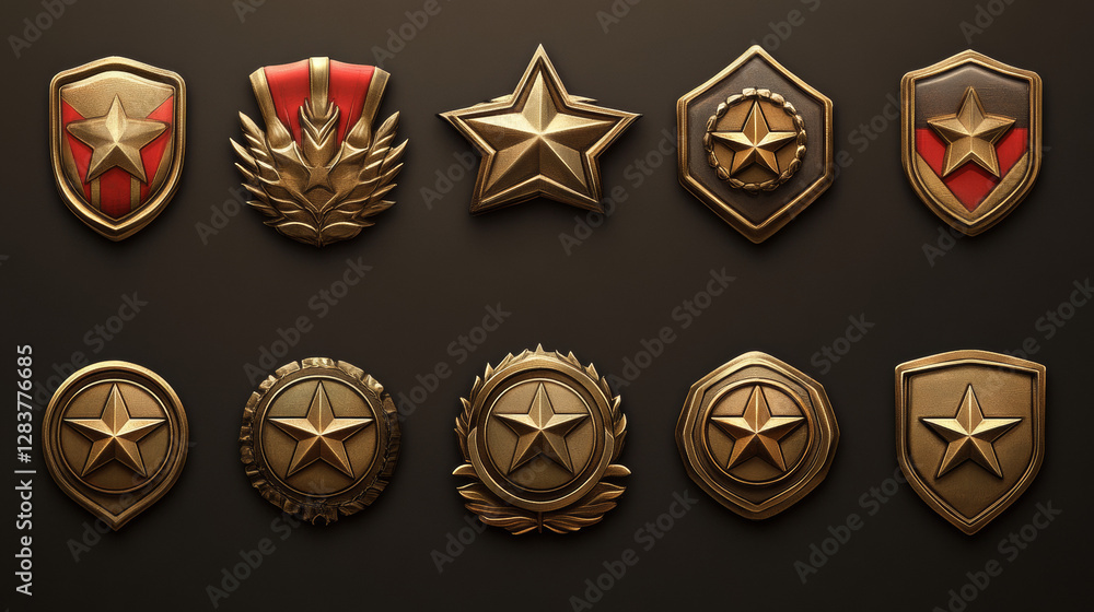 Gold Rank Emblems Golden military badges, army rank insignia for ui game interface. War ...