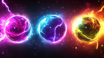 Wall Mural - Magic game balls set isolated on transparent background. Vector realistic illustration of neon color energy balls with explosion, sparkling texture, fire sparkles, lightning bolts, round space objects