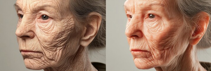 Poster - Transformation of age on human face showcasing wrinkles and youthfulness side by side in a split representation. Generative AI