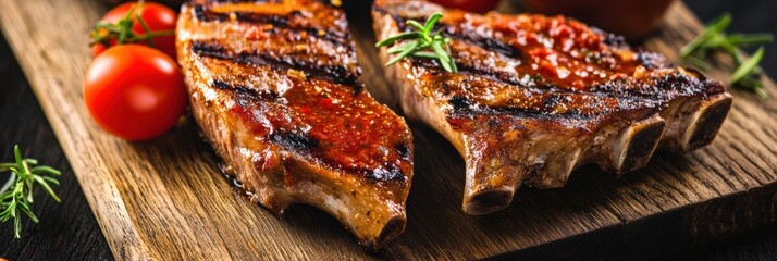 Aufkleber - Grilled steak served with fresh tomatoes and herbs on a wooden board in a rustic setting. Generative AI