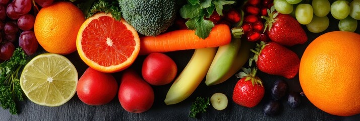 Wall Mural - Colorful arrangement of fresh fruits and vegetables on a dark background creating an appetizing display. Generative AI