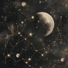 Wall Mural - Dark celestial background with glowing golden zodiac constellations, stardust trails, nebula clouds, planetary orbits, and a delicate silver moon, creating an ethereal, mystical atmosphere.