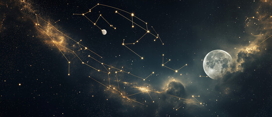 Wall Mural - Dark celestial background with glowing golden zodiac constellations, stardust trails, nebula clouds, planetary orbits, and a delicate silver moon, creating an ethereal, mystical atmosphere.