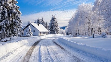 Fototapete - Serene winter landscape with a cozy house by a snowy road surrounded by frost covered trees in a tranquil setting. Generative AI