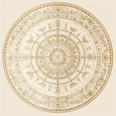 Wall Mural - Mandala-style zodiac wheel with hand-drawn detailed lines, floral and celestial motifs, deep gold accents on a soft beige background, and an embossed texture adding a tactile dimension.