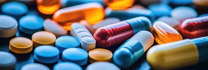 Poster - Colorful assortment of various pills and capsules arranged on a surface during daylight. Generative AI