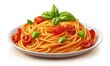 © Maryanto - Spaghetti with tomatoes and basil on a plate, white background, food photography