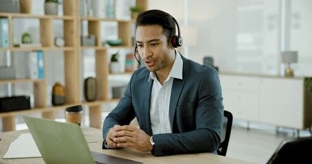Aufkleber - Call center man, talking and laptop for typing, search or financial advisor for customer care in office. Consultant, tech support or agent with computer, mic or headphones for voip, crm and help desk