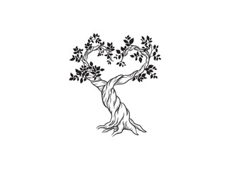  Old Tree and roots vector hand drawing in heart shape	
