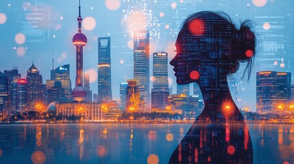 Woman silhouette with code overlayed on city skyline background