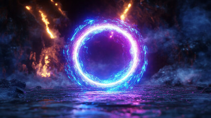 Wall Mural - Magic light portal with neon glow effect. Realistic vector illustration set of energy rings for traveling in time and space. Fantastic electric luminous circle or frame with power of movement.